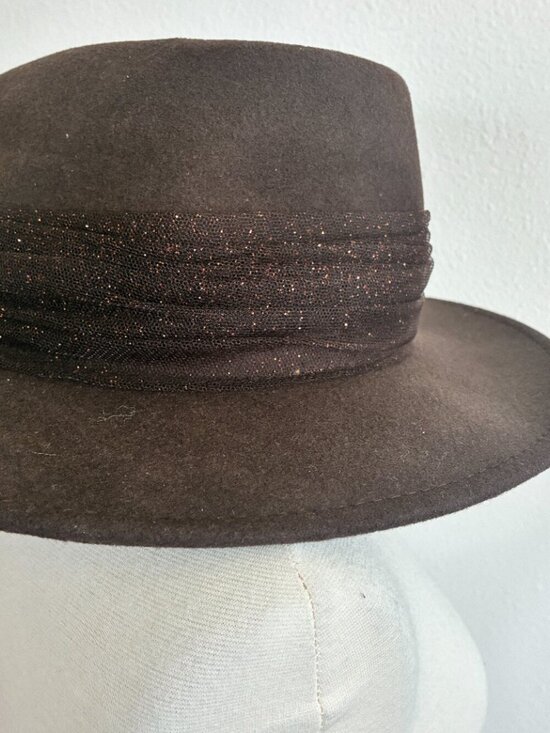 Eugenia Kim Wool Felt Hat Brimmed Fedora Metallic Glitter Tulle